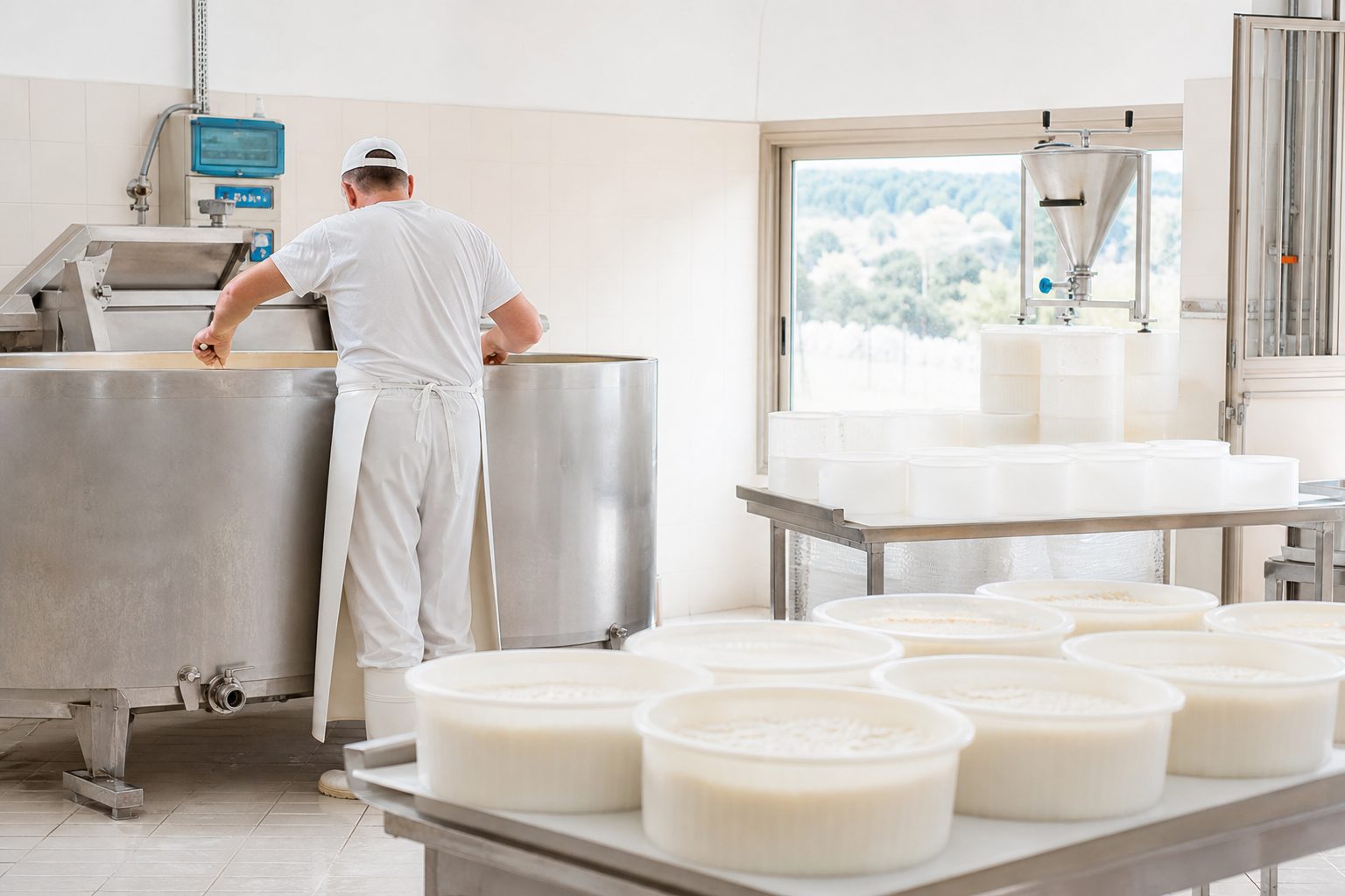 Banco di lavoro di un piccolo laboratorio di trasformazione alimentare, con contenitori e prodotti pronti per l'etichettatura